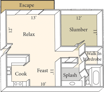 Floor plan for 1 bed, 1 bath, 730 sqft